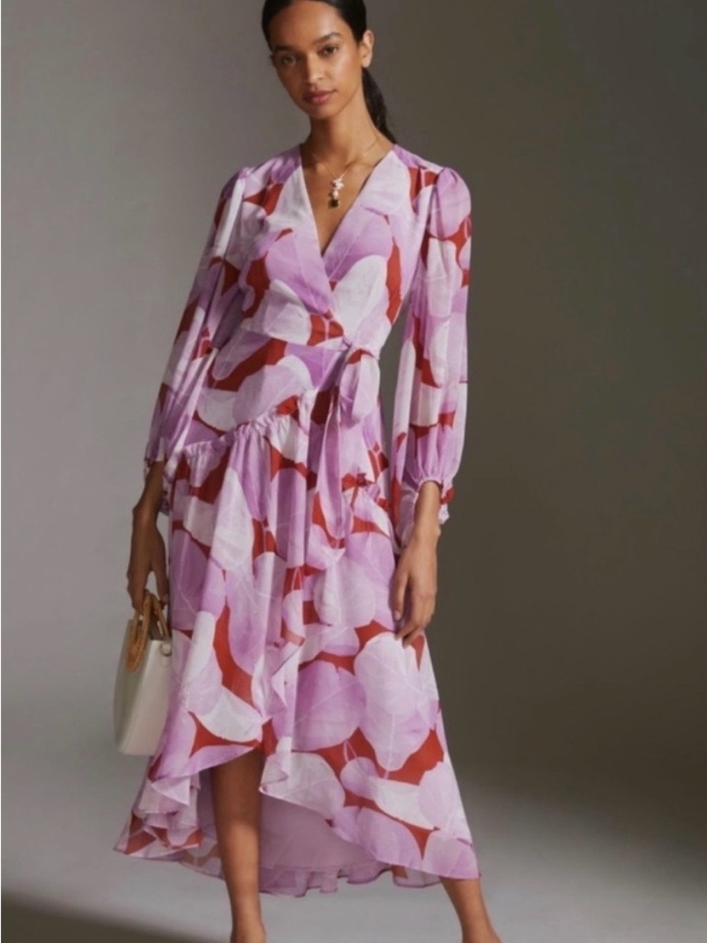 Hutch Anthropologie Wrap Hi low Midi Maxi Dress in purple rust Floral Print